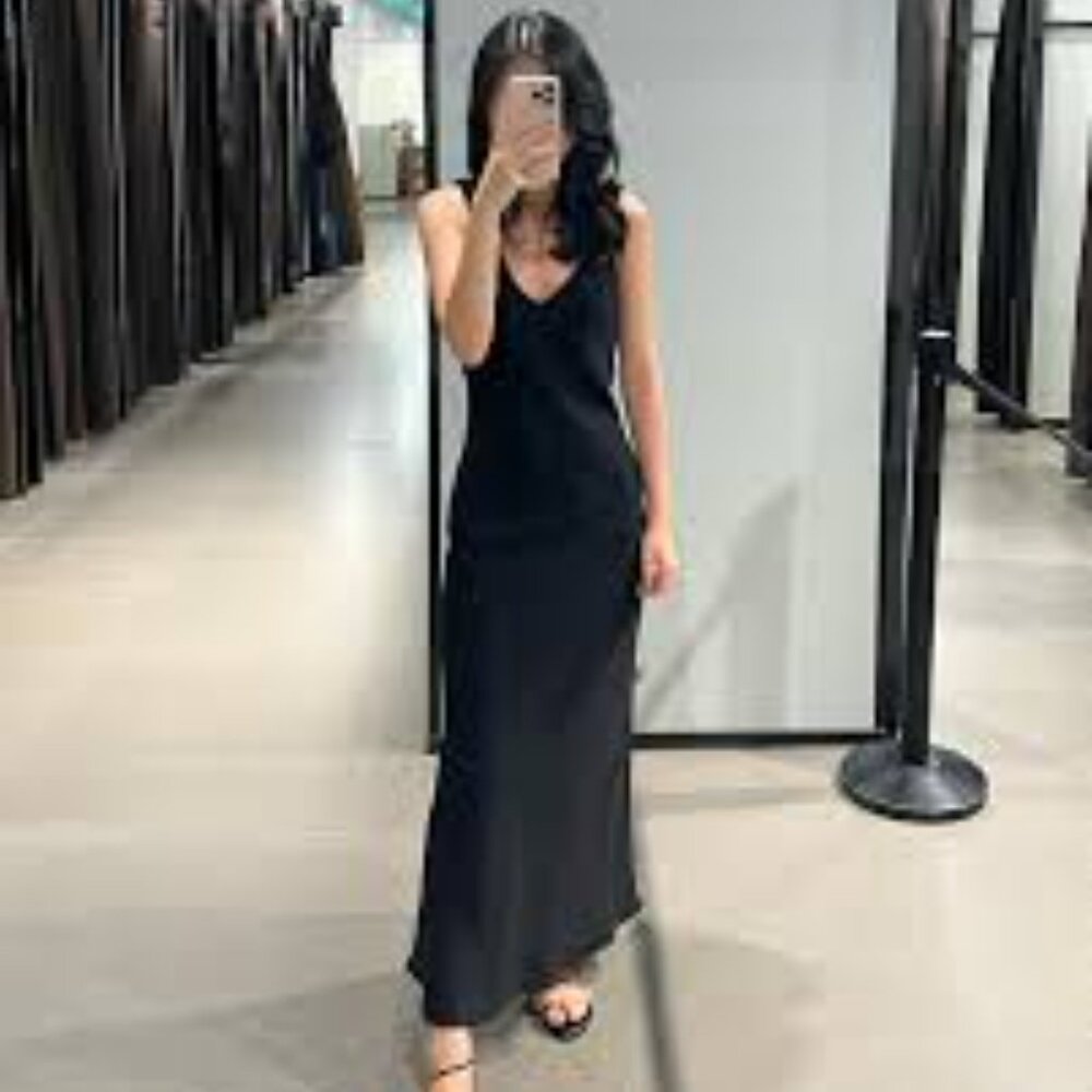 NWT ZARA RUCHED STRAP TANK DRESS SIZE MED BLACK